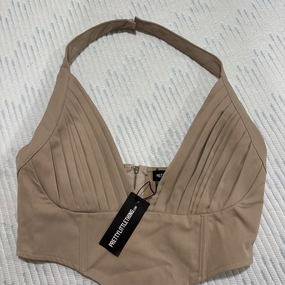 PrettyLittleThing Beige Pleated Halter Top